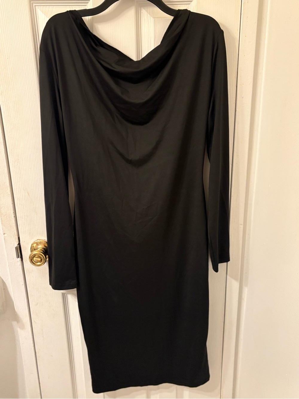Elegant Black Long-Sleeve Cowl-Back Dress With Gold Glitter Bow
